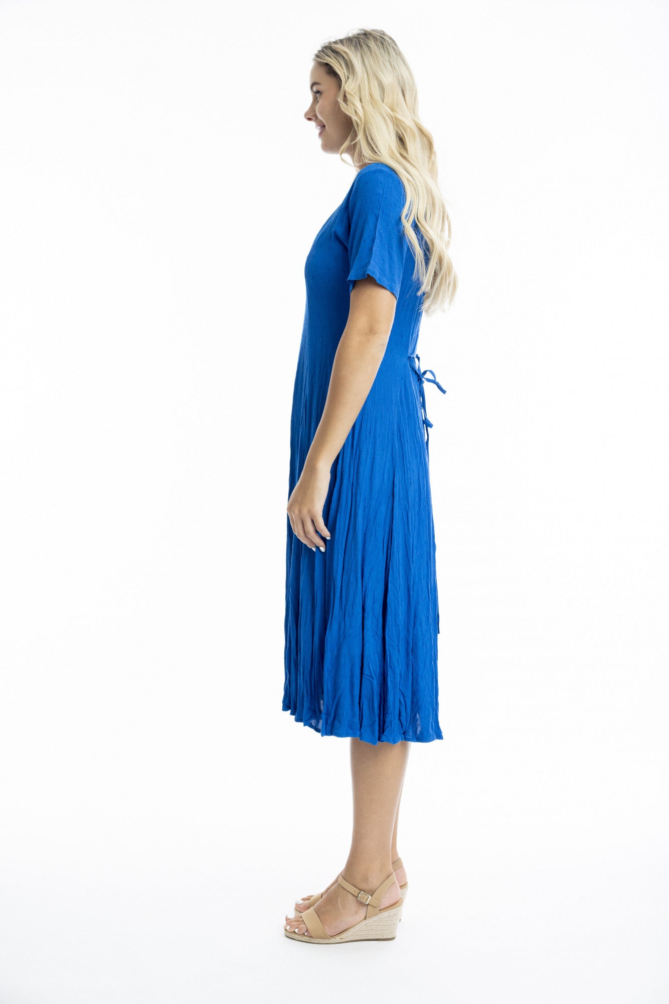 Orientique | Essentials Rayon Dobby Short Sleeve Godet Dress - Electric Blue