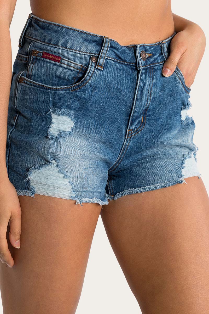 Ringers Western - Jessie Womens Mid Rise Ripped Denim Short | True Blue