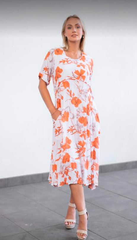 Willow Tree - Panel Floral Print Dress | Orange/White