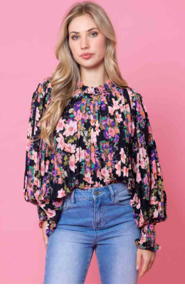 LAURA PLEATED TOP FLURO FLORAL BLACK