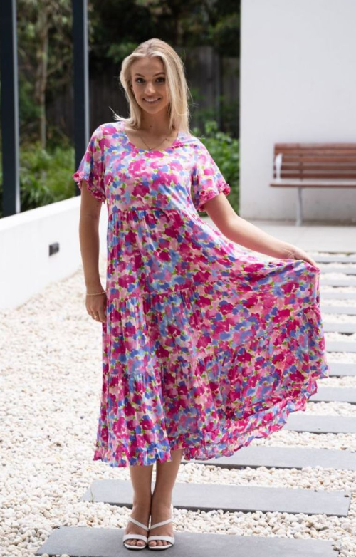 Willow Tree | Hot pink Print Tiered Dress  Style 358