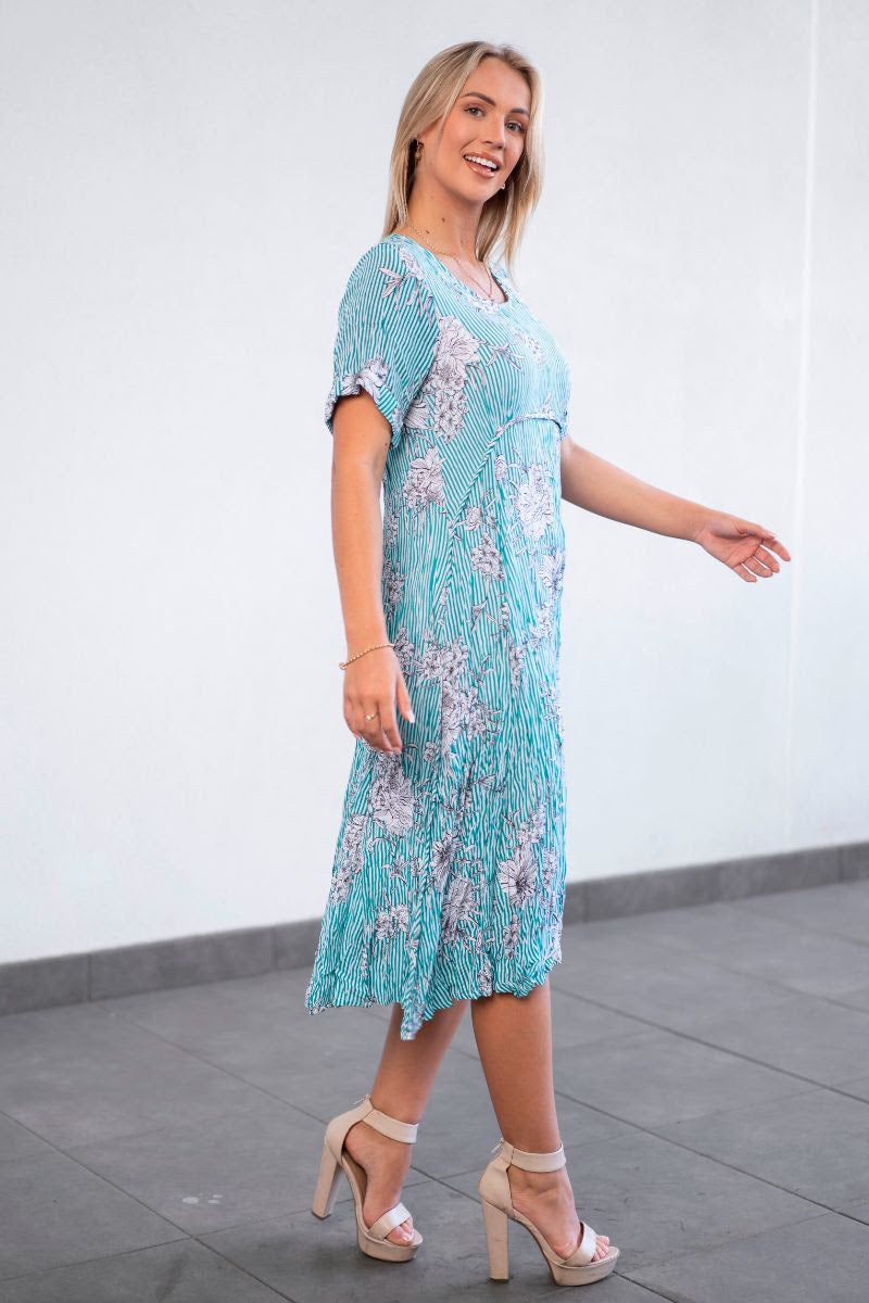 Willow Tree | Striped Floral Panel Dress - Green Style358 Willow Tree | Striped Floral Panel Dress - Green Style358