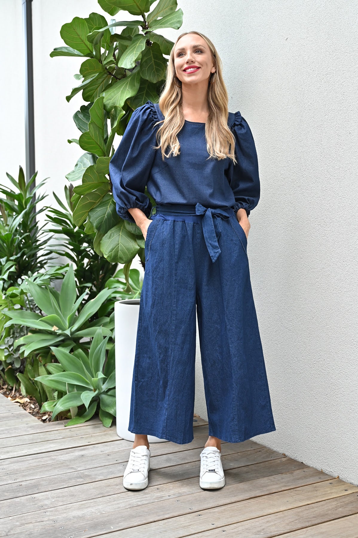 Cali & Co Wide Leg Pants With Belt - Navy