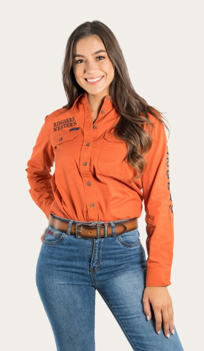 Ringers Western - SIGNATURE JILLAROO WOMENS FULL BUTTON WORK SHIRT - BURNT ORANGE WITH DARK NAVY EMBROIDERY