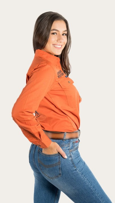Ringers Western - SIGNATURE JILLAROO WOMENS FULL BUTTON WORK SHIRT - BURNT ORANGE WITH DARK NAVY EMBROIDERY