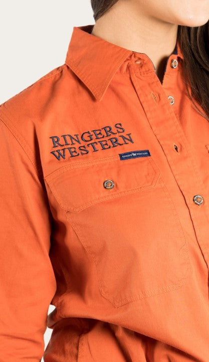 Ringers Western - SIGNATURE JILLAROO WOMENS FULL BUTTON WORK SHIRT - BURNT ORANGE WITH DARK NAVY EMBROIDERY