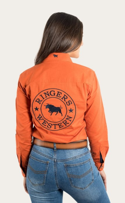 Ringers Western - SIGNATURE JILLAROO WOMENS FULL BUTTON WORK SHIRT - BURNT ORANGE WITH DARK NAVY EMBROIDERY