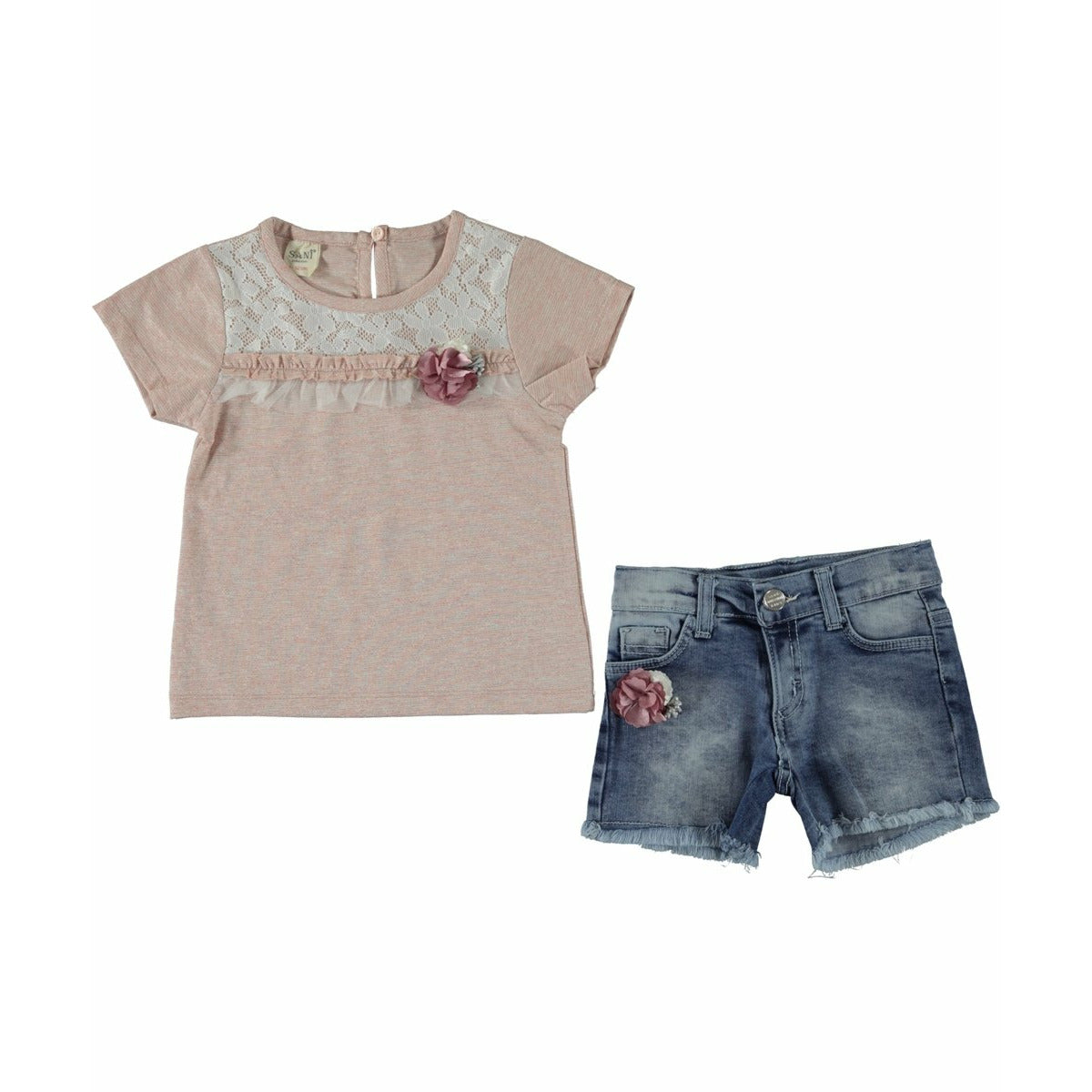Sani - Girls Pink Glitter Top & Denim Short