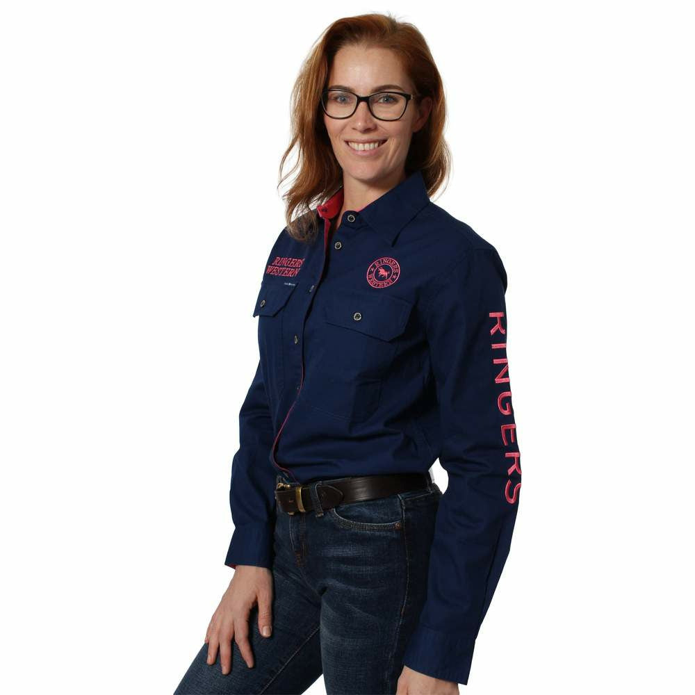 Ringers Western - Signature Jillaroo Womens Full Button Work Shirt Navy/Melon