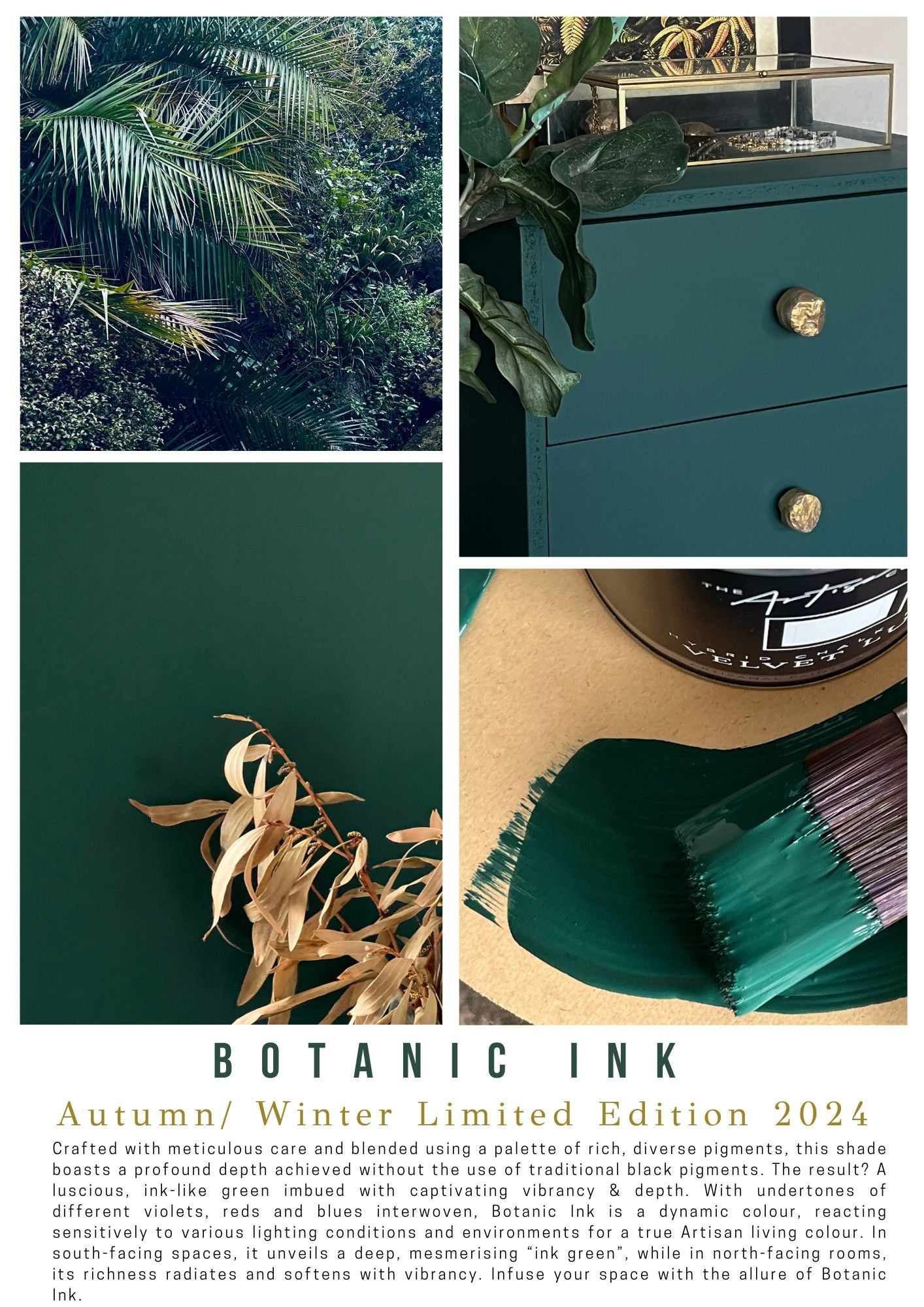 Living space with Botanic Ink Velvet Luxe – moody artisan green tone
