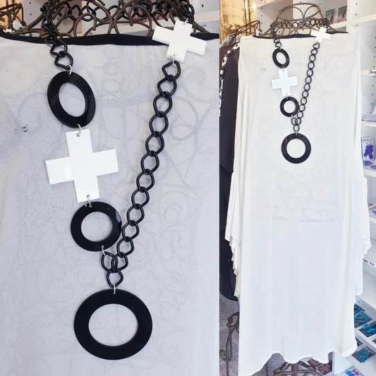 M and D Jewellery - Lariat Necklace - Crosses and Circles | Black & White