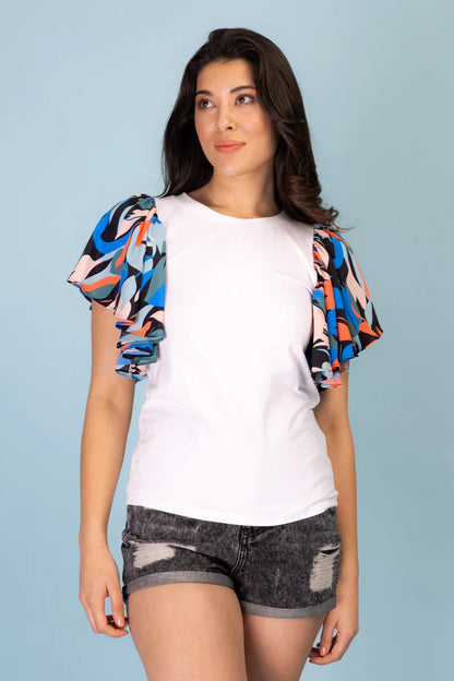 Charlo - Lee Top | White with abstract sleeve