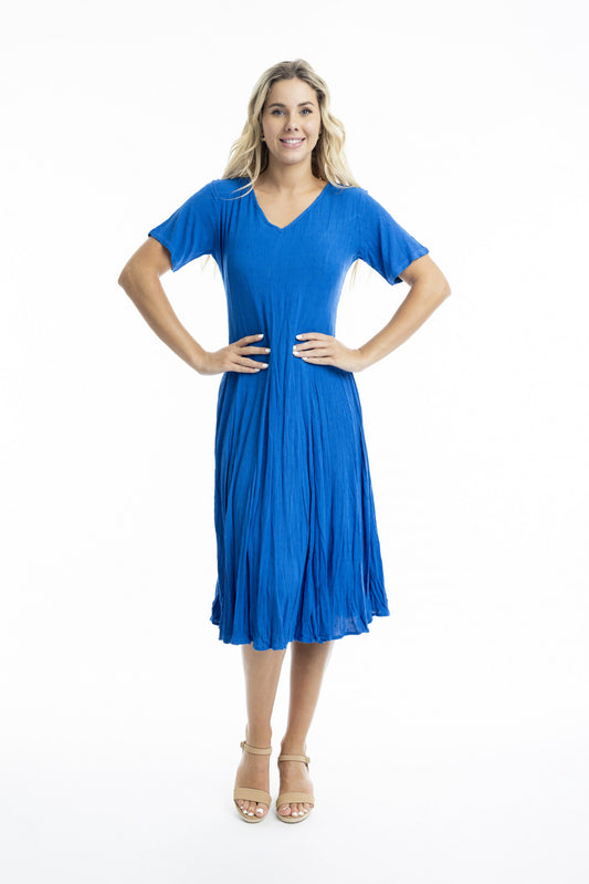 Orientique | Essentials Rayon Dobby Short Sleeve Godet Dress - Electric Blue