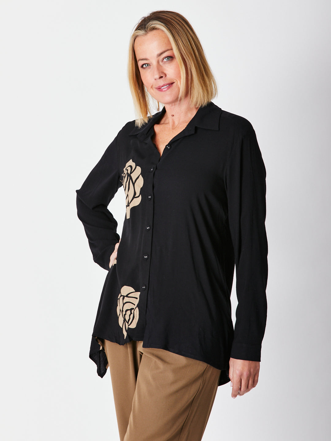 Cordelia St | Contrast Panel Floral Shirt - Black