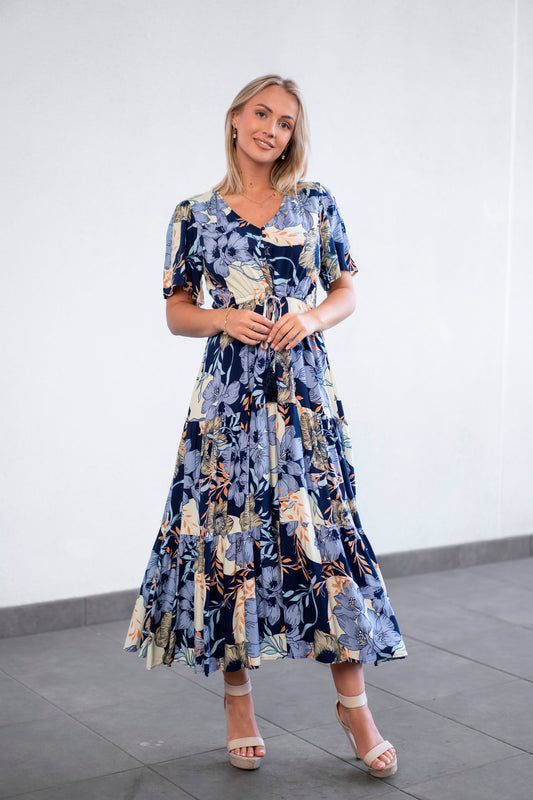 Willow Tree | Rayon Floral Print Tier Dress - Blue