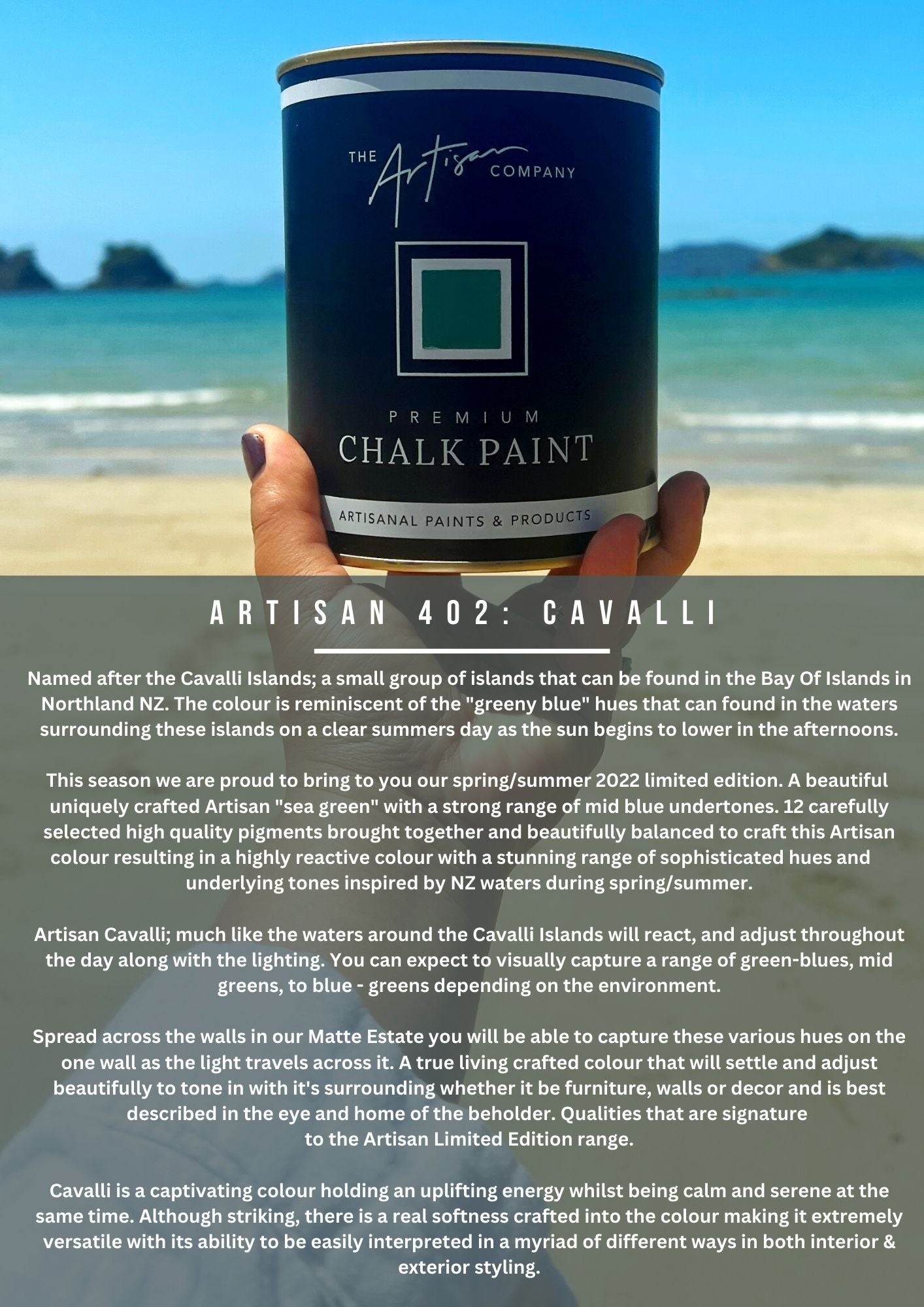 Tin of Cavalli chalk paint – blue-green NZ-inspired colour