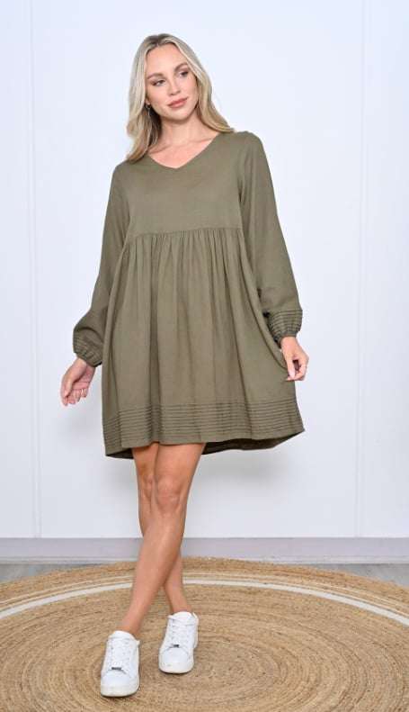 Cali & Co | Pleated Linen Dress - Khaki