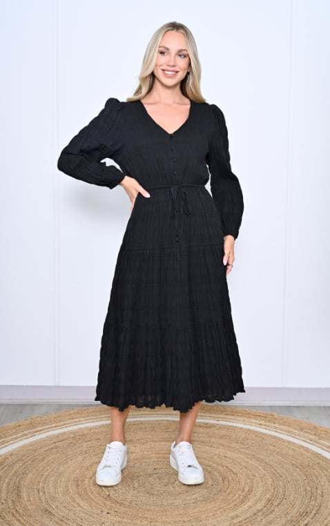 Cali & Co | Textured Midi Dress - Black