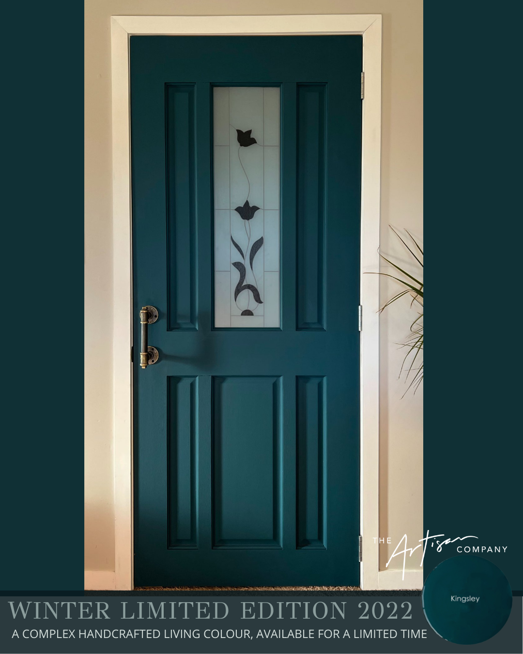 Kingsley chalk paint on a door – artisan blue-green finish with gold accents