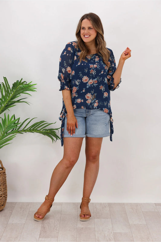 Cali & Co AE Luxe - Side Ribbon Chiffon Top | Navy Floral