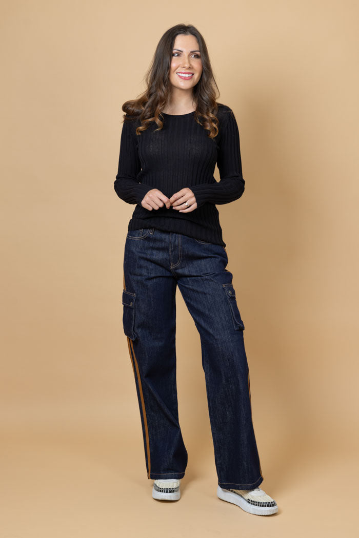 Honey Denim | Kayla Jean - Dark Blue, Camel Stripe