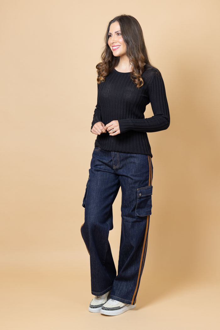 Honey Denim | Kayla Jean - Dark Blue, Camel Stripe
