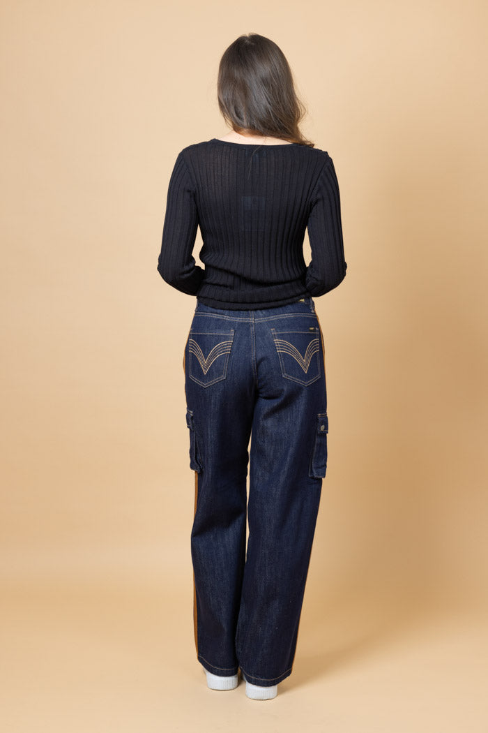 Honey Denim | Kayla Jean - Dark Blue, Camel Stripe
