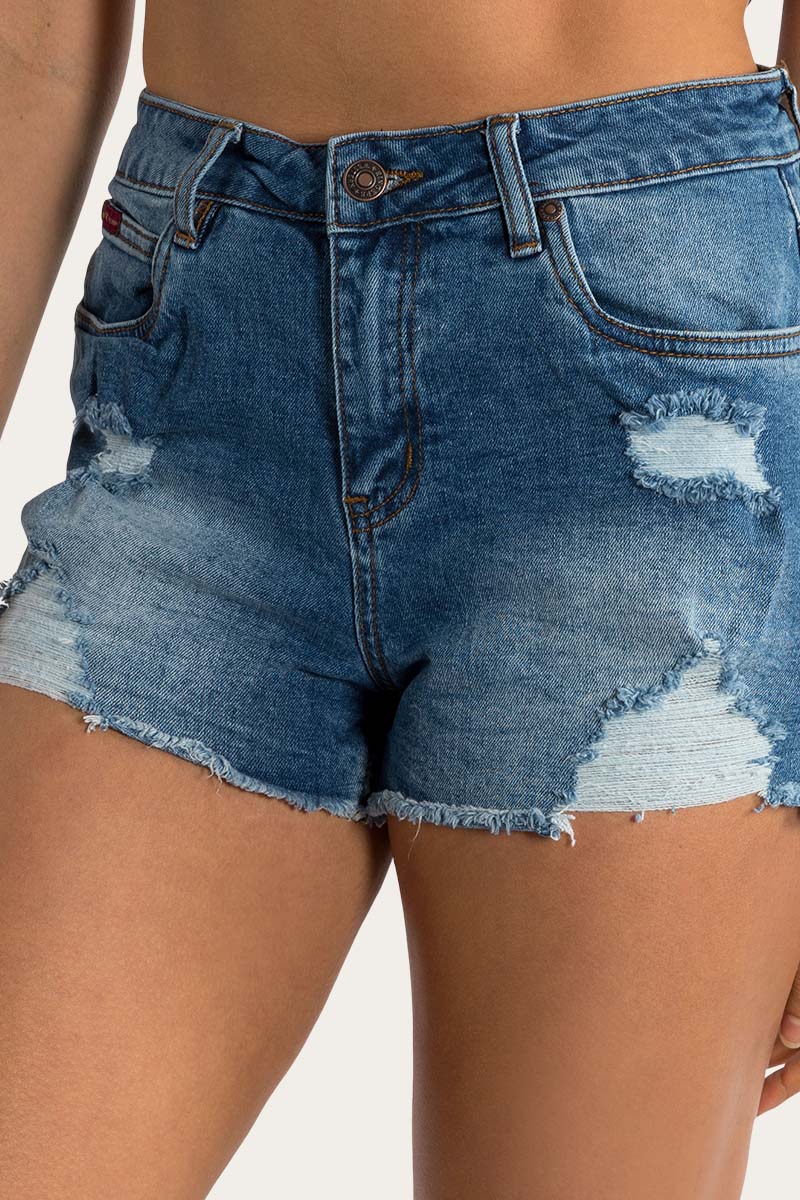 Ringers Western Jessie Womens Mid Rise Ripped Denim Short True Blu Style358