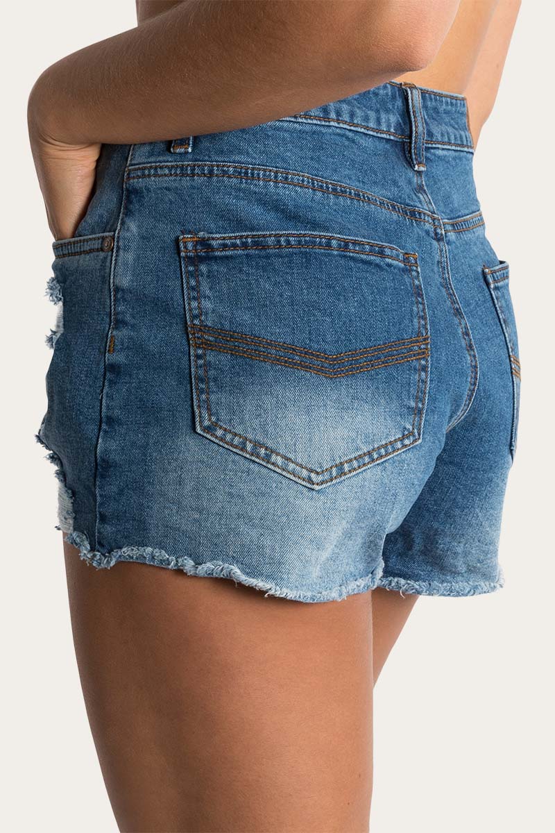 Ringers Western - Jessie Womens Mid Rise Ripped Denim Short | True Blue