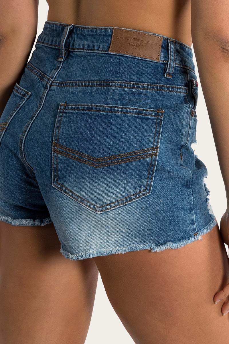 Ringers Western - Jessie Womens Mid Rise Ripped Denim Short | True Blue