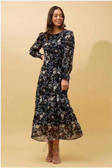 CKM Long Sleeve Floral Printed Maxi Dress - Black