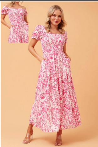 CKM - Puff Sleeve Tiered Printed Maxi Dress | Pink