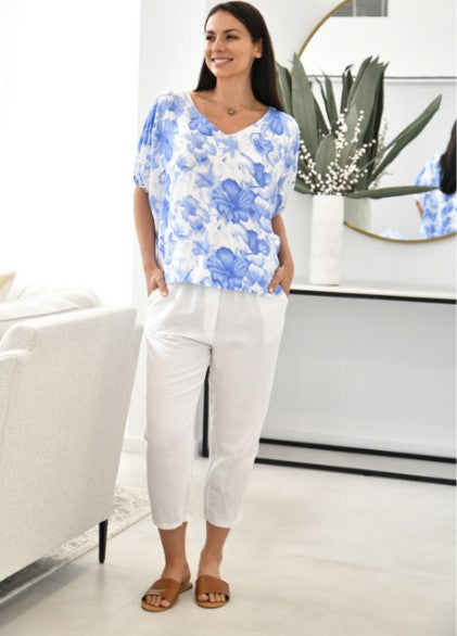 Cali & Co - Elastic Cuff Linen Top | Blue Floral