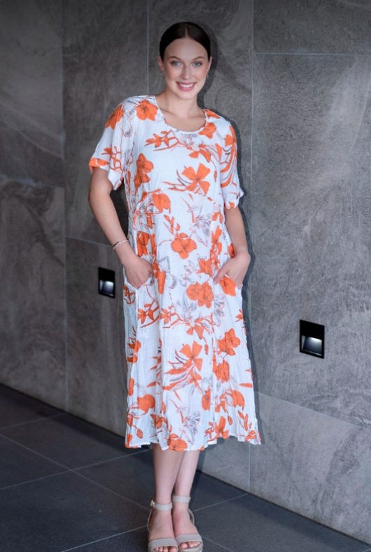 Willow Tree - Panel  Floral Print Dress | Orange/White
