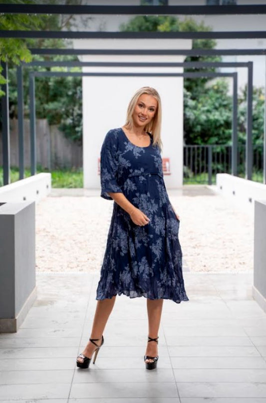 Willow Tree -  Floral Print Dress | Navy With White floral
