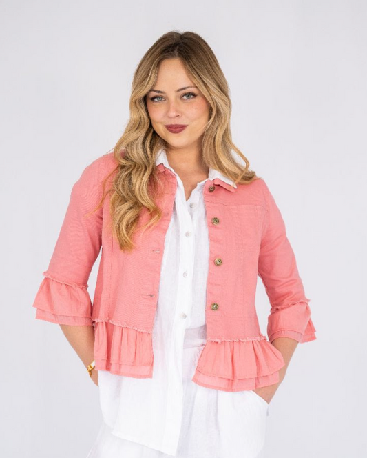 QQ Fashion | Frill Trim Denim Jacket - Pink