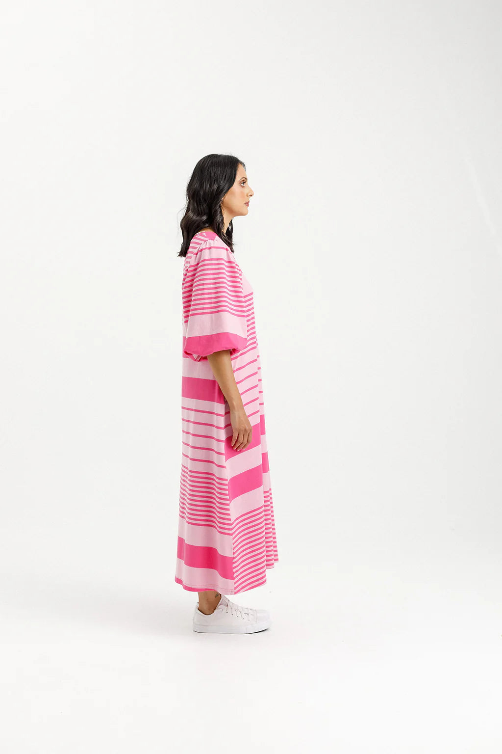 Homelee | Ivy Midi Dress - Irregular Pink Stripe