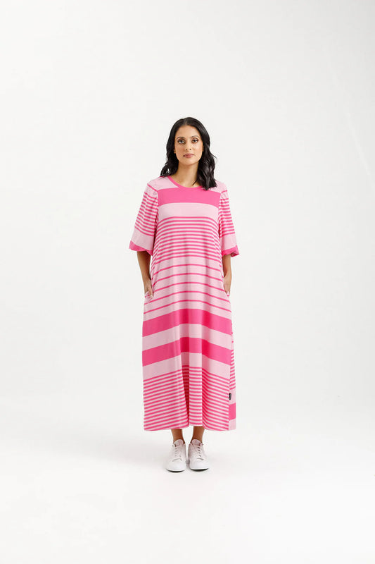 Homelee | Ivy Midi Dress - Irregular Pink Stripe