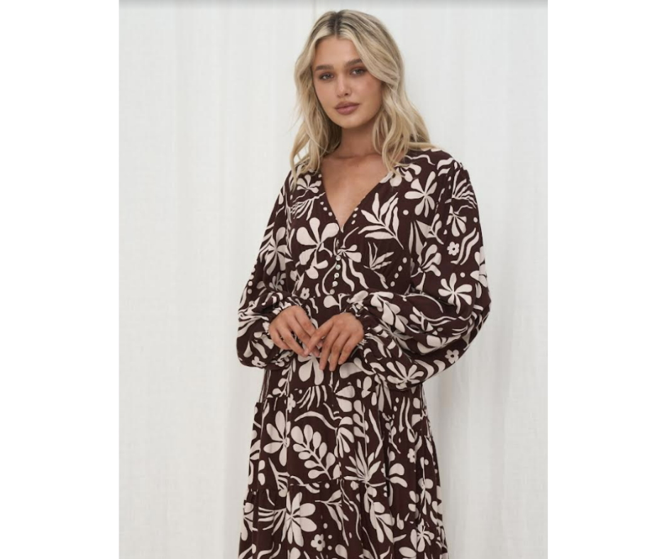 Iris Maxi The Label | Printed Maxi Dress- Brown\Cream