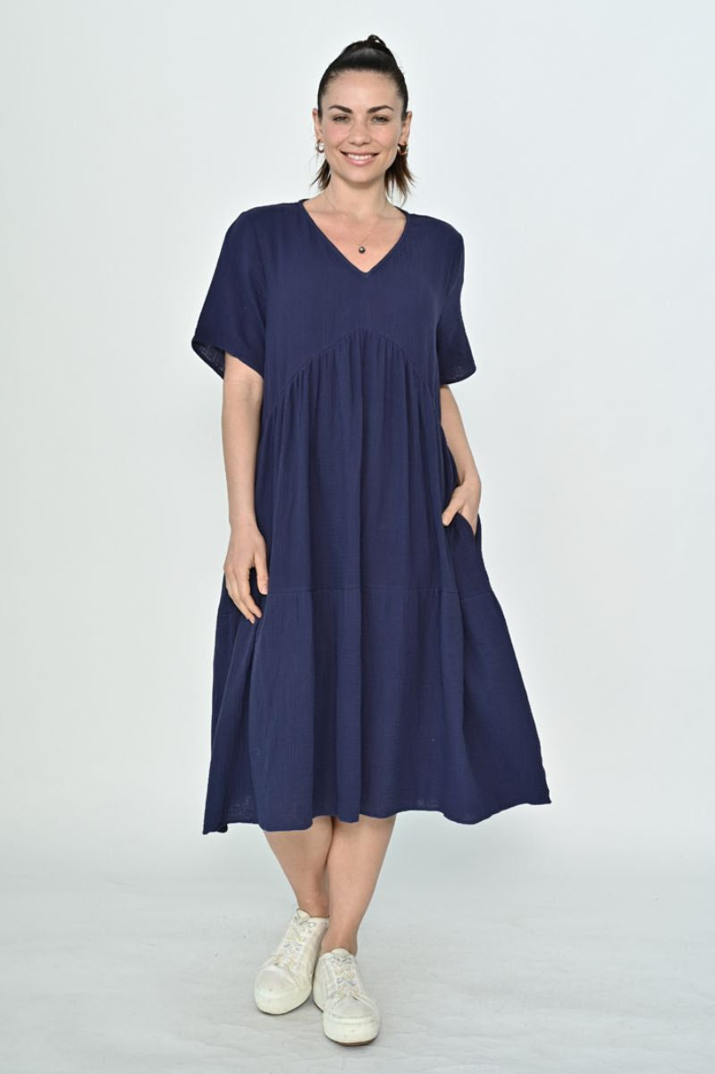 Cali & co La Mode - V Line Cotton Dress | Navy