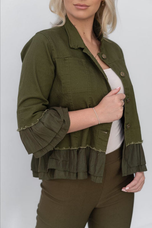 QQ Fashion | Frill Trim Denim Jacket - Khaki