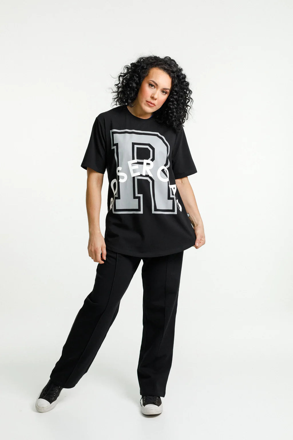 Rose Road Boyfriend Tee - Black with Extra Large Varsity Print