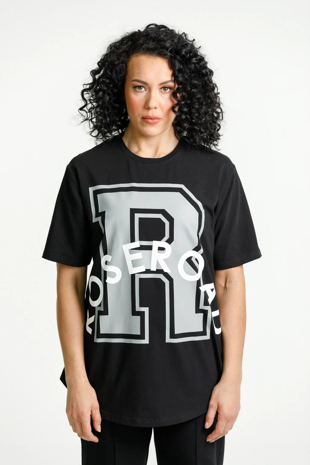 Rose Road Boyfriend Tee - Black with Extra Large Varsity Print