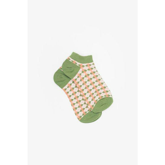Antler Ankle Sock | Green & Coral Grid