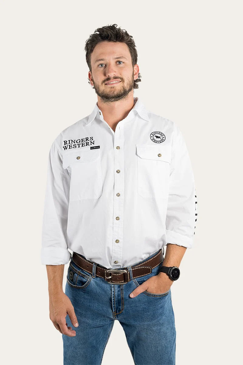 HAWKEYE MENS FULL BUTTON WORK SHIRT - WHITE WITH BLACK EMBROIDERY