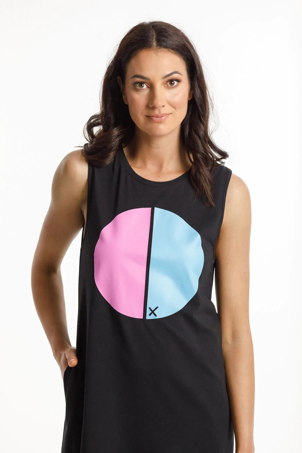 HomeLee TAYLOR SINGLET DRESS - Black with Lollipop/Sky Cut Circle