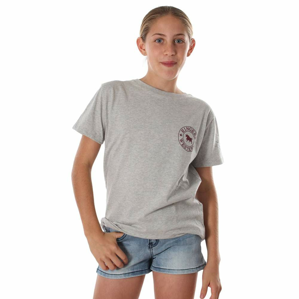 Ringers Western - Signature Bull Kids Original Fit T-Shirt - Grey Marle with Burgundy Print