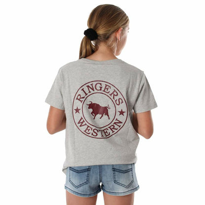 Ringers Western - Signature Bull Kids Original Fit T-Shirt - Grey Marle with Burgundy Print