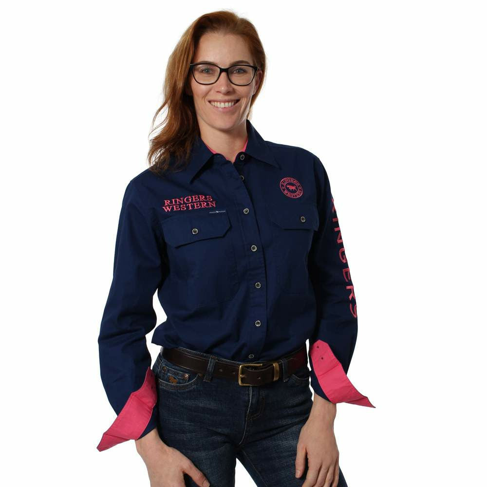 Ringers Western - Signature Jillaroo Womens Full Button Work Shirt Navy/Melon