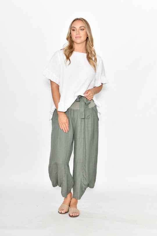 Cali & Co Elastic Waist Linen Pants with Belt - Khaki
